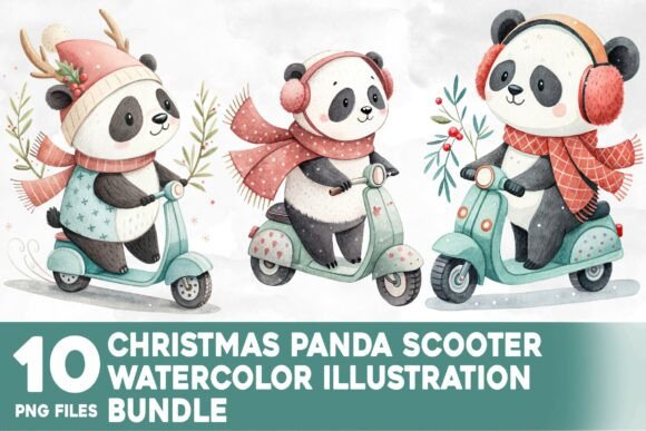 Christmas Panda Scooter Watercolor Illustrations Review