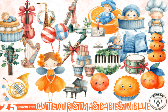 Cute Christmas Babies in Blue Clipart for Illustrations