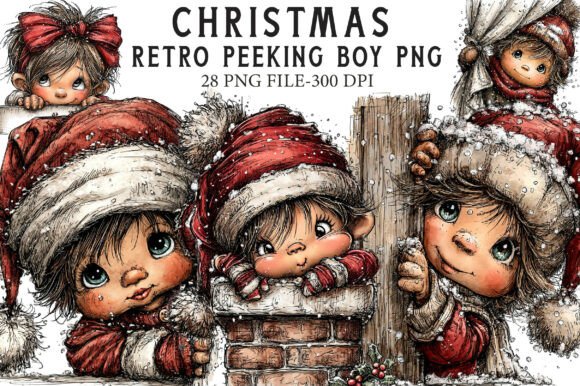 Retro Christmas Peeking Boy PNG for Illustrations and Blog Graphics