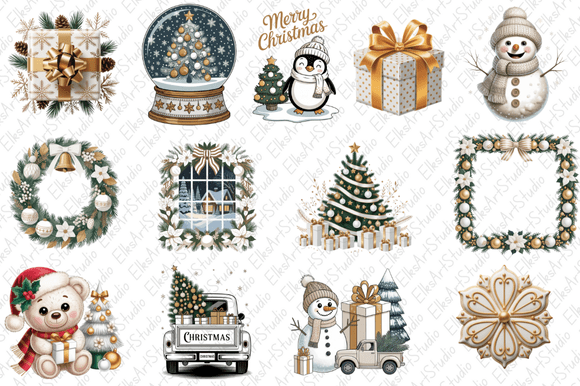 White Gold Christmas Clipart Bundle: Premium Illustrations for Branding